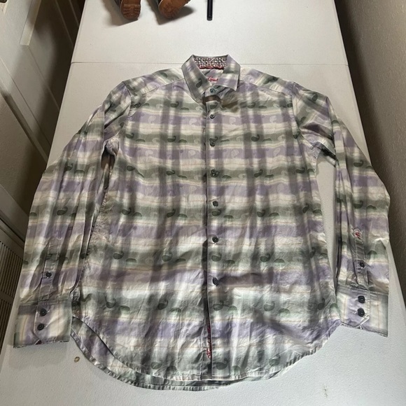 Robert Graham Men's Sz S Long Sleeve White Green Paisley Plaid Button Up Shirt - Picture 1 of 11